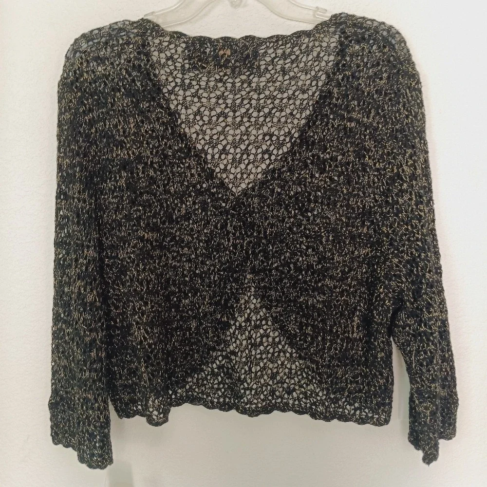 JPR Essentials Shrug Women 2X Black Gold Metallic Open Knit Cropped Cardigan